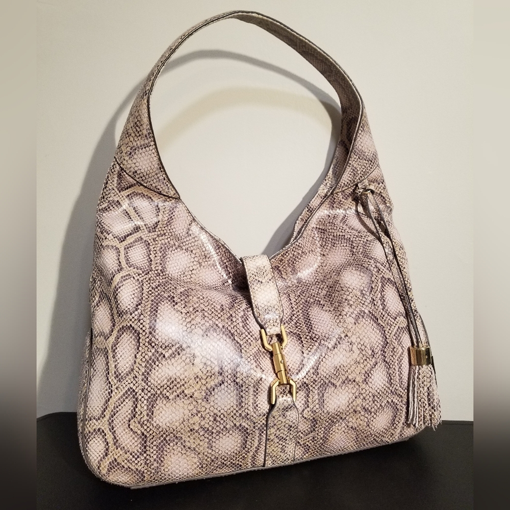 GILI LEATHER HOBO BAG FAUX SNAKESKIN EMBOSSED PURSE TASSEL FALL PREPPY LUX LARGE